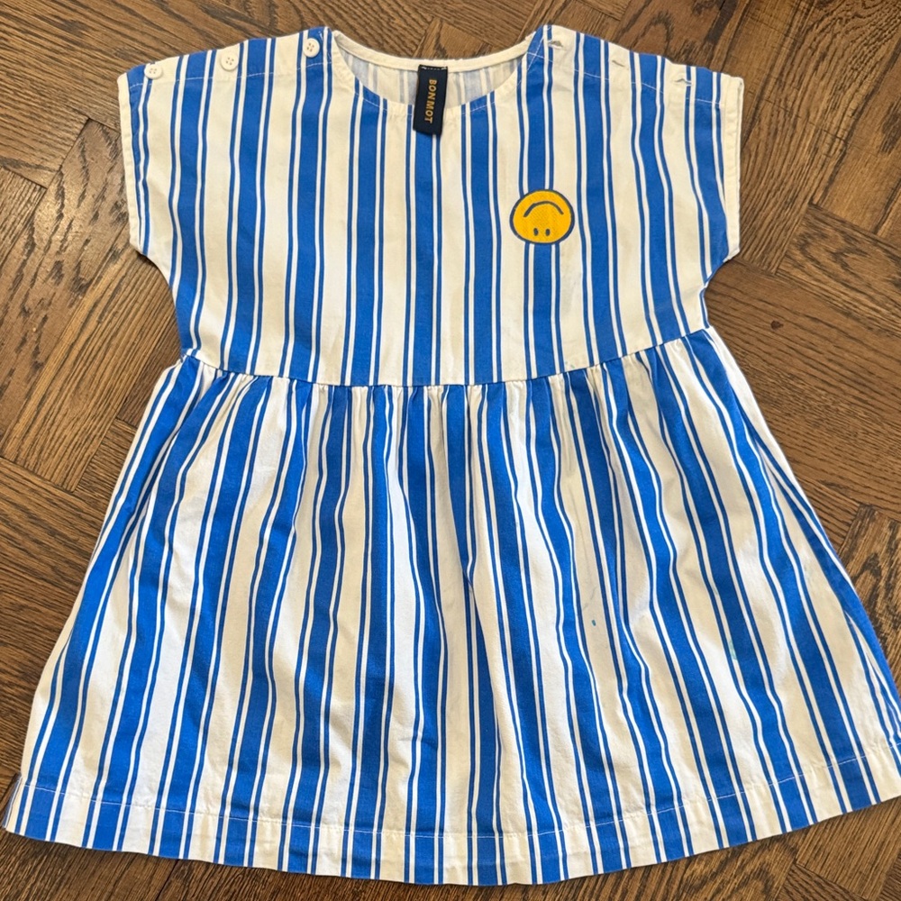 Bonmot Blue and White Striped Dress with Smiley Patch